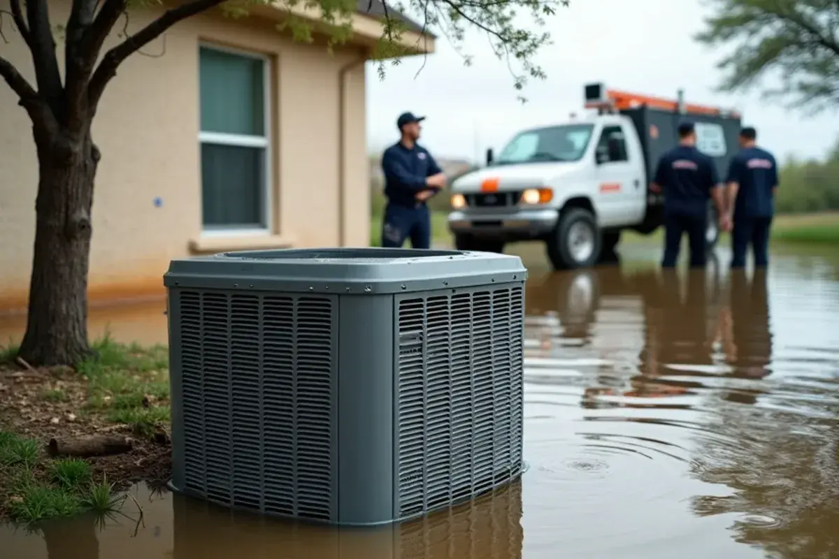 AC condenser standing in floodwater beside a home on low ground near the Rio Grande