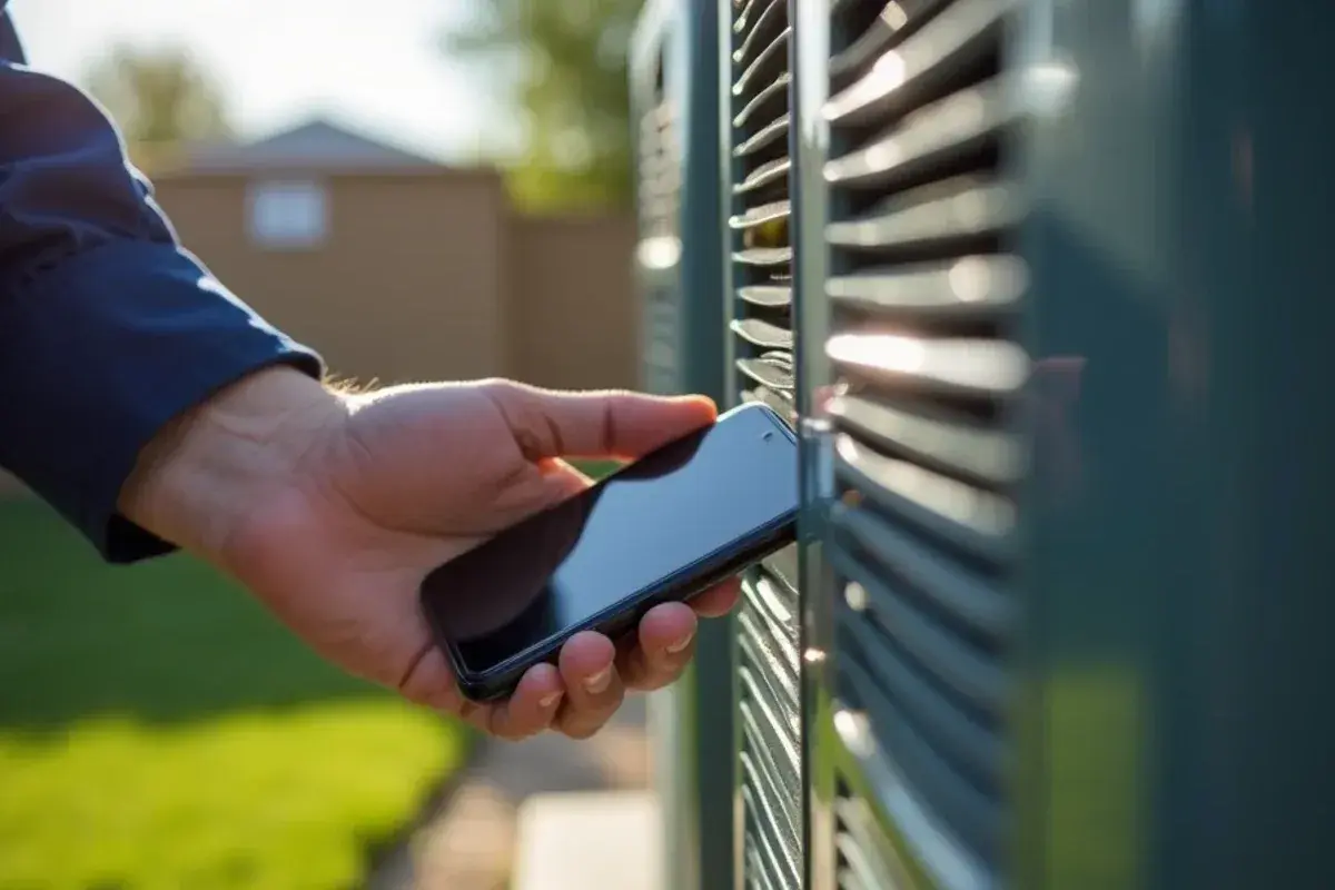 Homeowner photographing the AC data plate and condenser before storm season for an insurance record