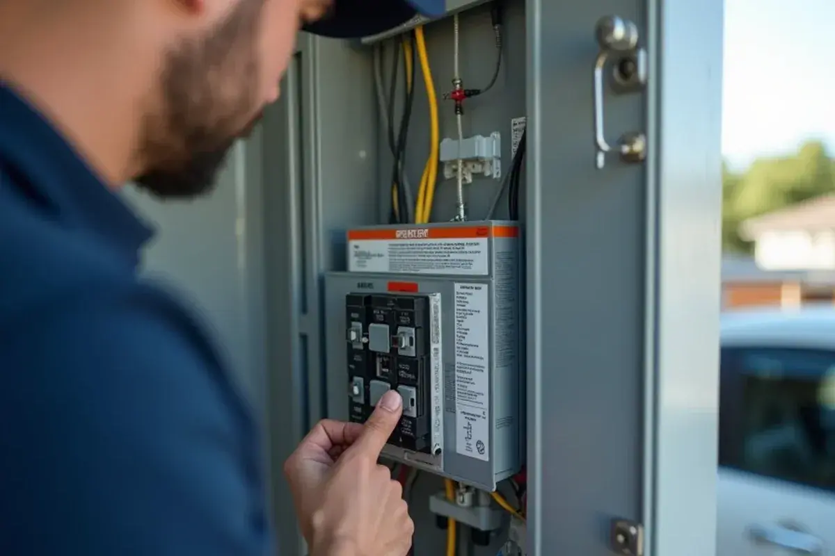Hand switching off a mini-split breaker in a residential panel before a power reset