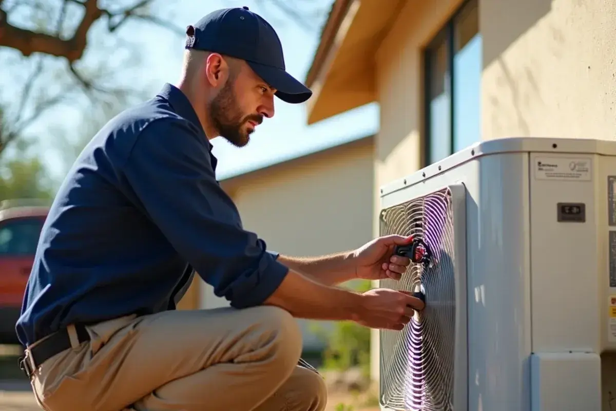 Technician testing voltage at a ductless condenser control board with the service panel removed