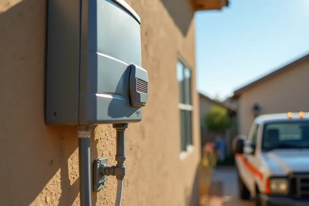 Outdoor electrical disconnect and flexible whip wired to a ductless condenser beside a stucco wall