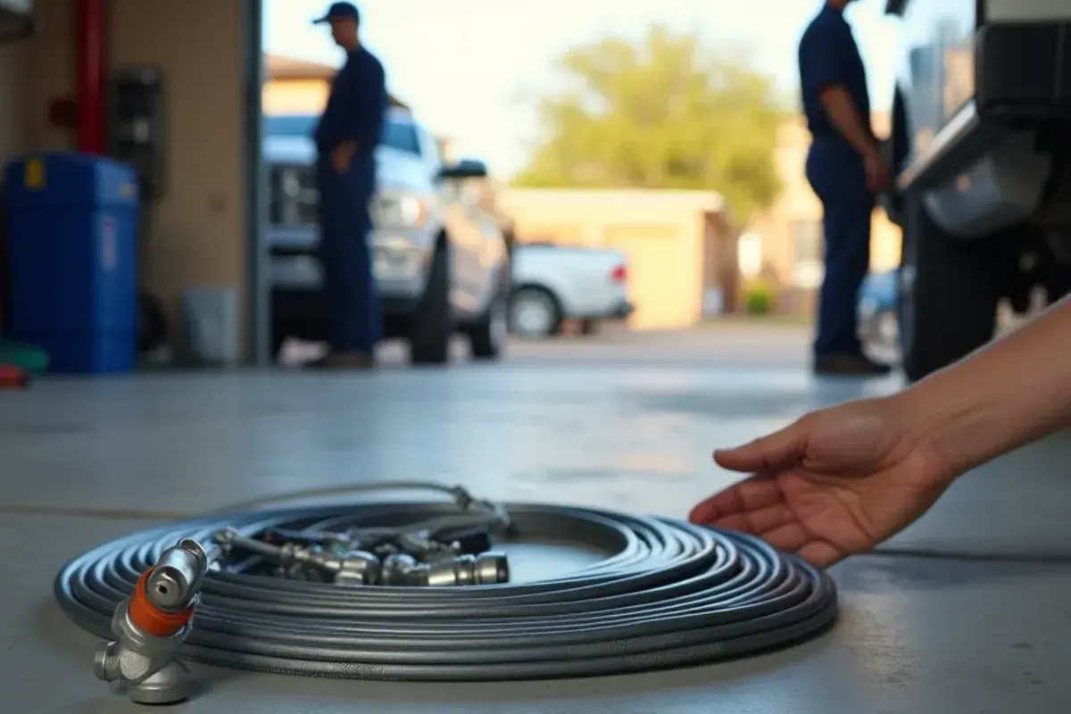 Coiled precharged line set and quick-connect fittings from a DIY mini-split kit laid out on a garage floor