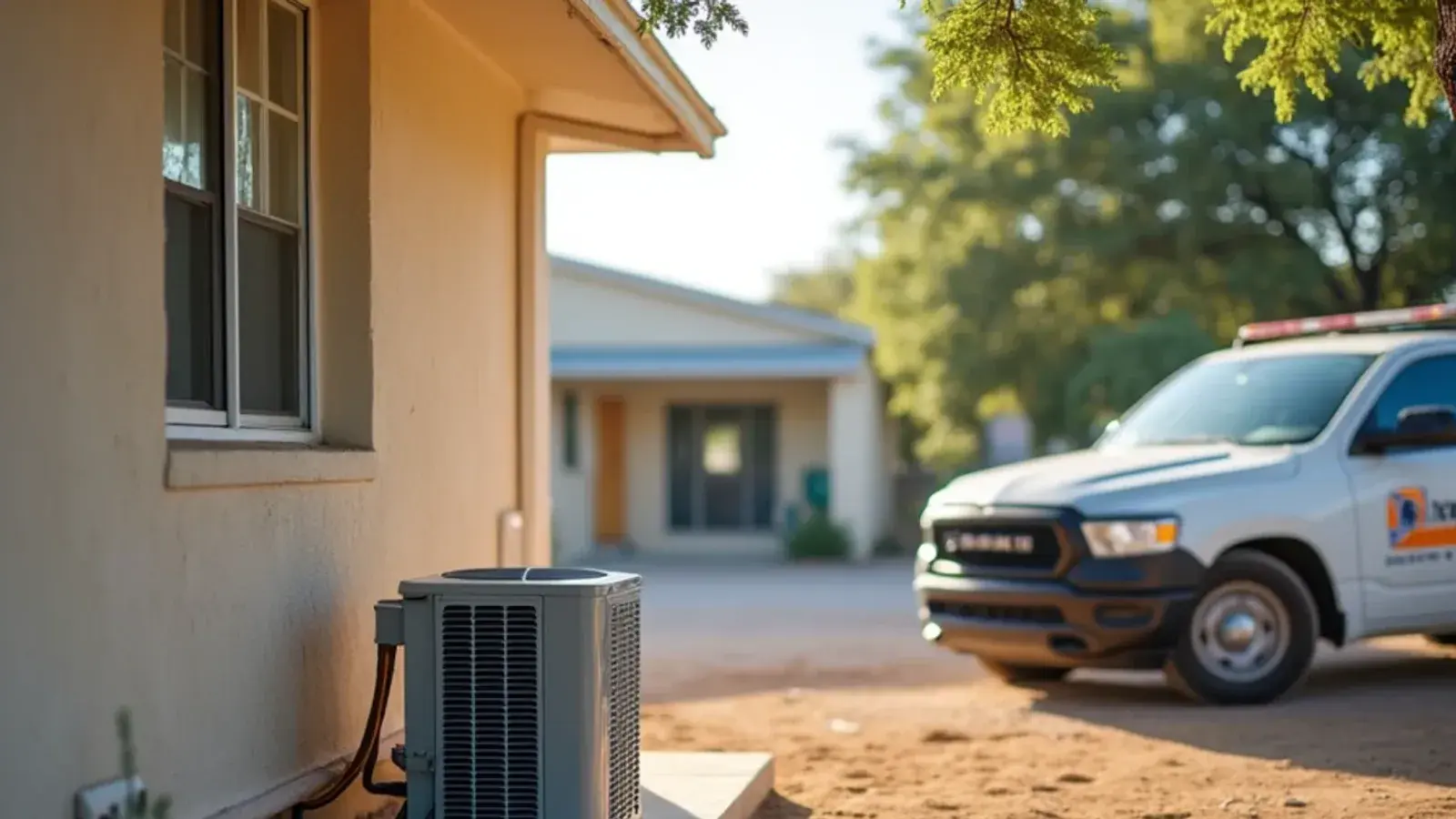 Ductless mini-split condenser mounted on a wall bracket beside a block home in the Rio Grande Valley