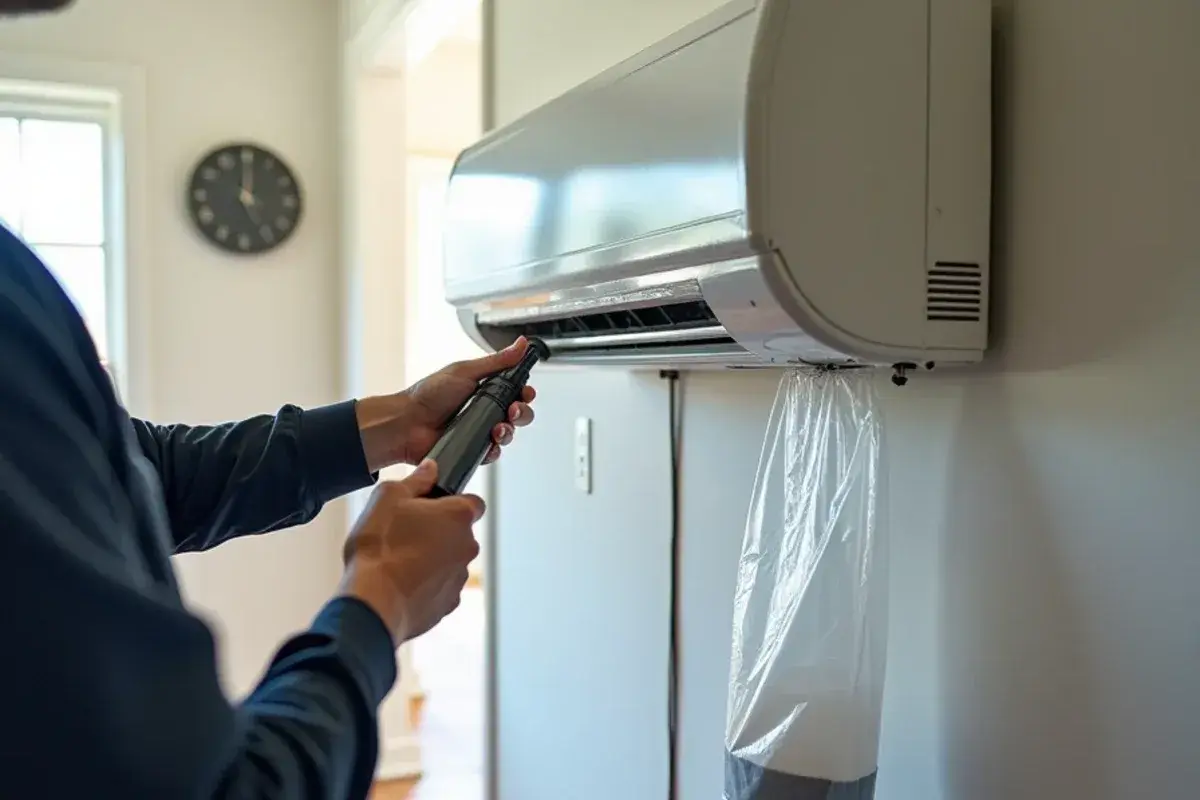 Waterproof cleaning bag hung under a wall-mounted ductless head to catch rinse water during deep cleaning