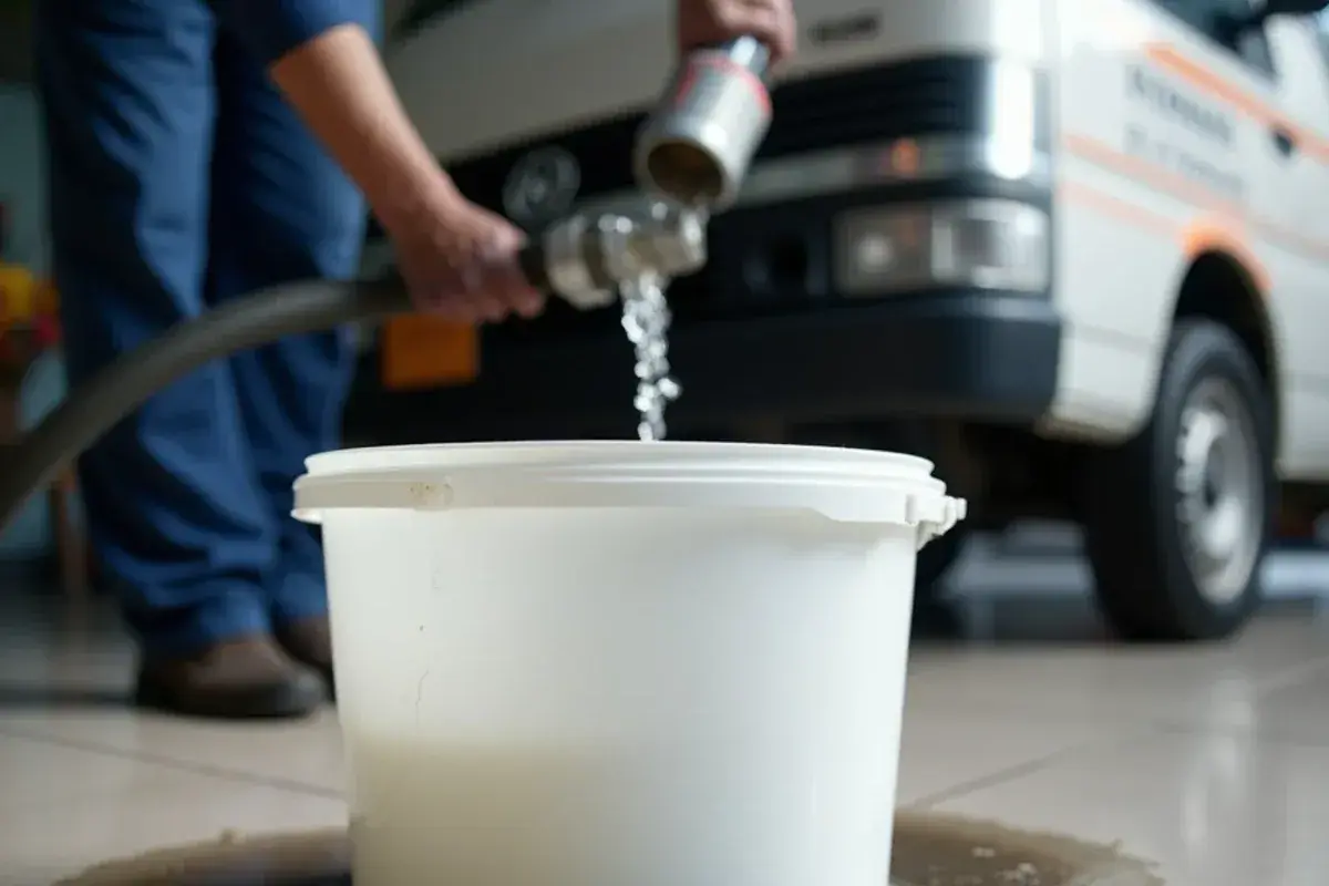 Dark gray rinse water draining into a bucket from a mini-split blower wheel during deep cleaning