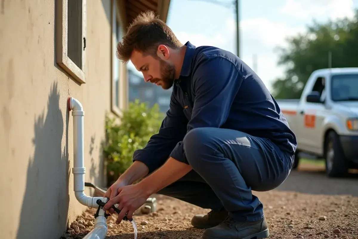 Technician flushing a mini-split condensate drain line at the outside wall of a home near the river