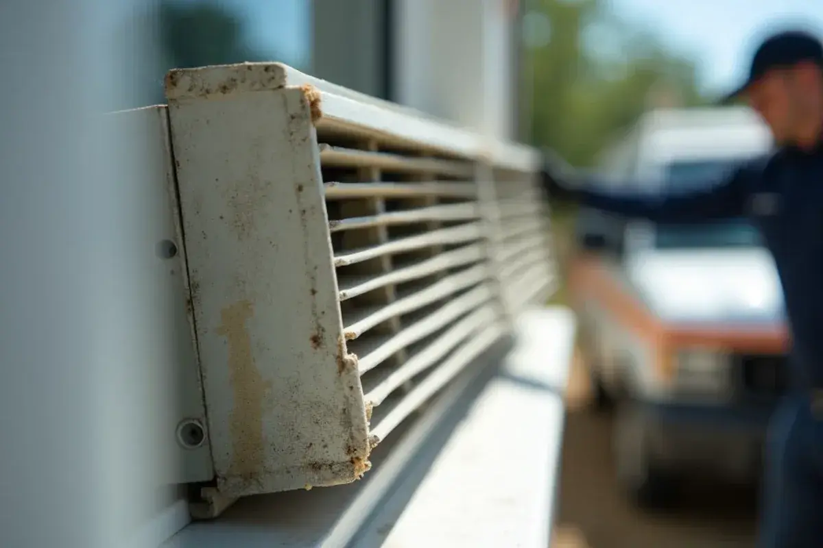 Close view of the foam side panels and air gaps around an aging window AC unit in a Valley home