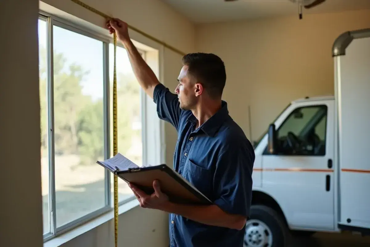 Technician measuring a room and noting window sizes before quoting a new AC unit