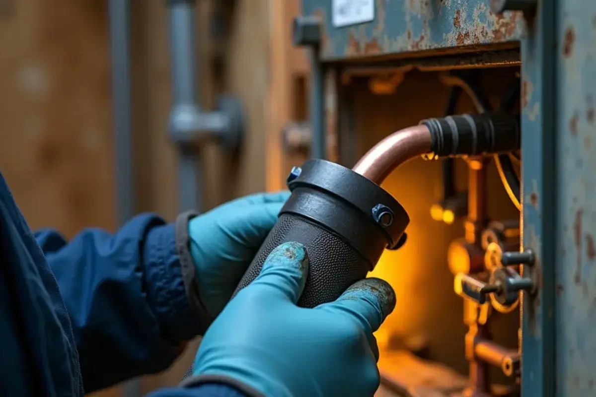 Close-up of an old copper refrigerant line set and indoor coil being inspected during a replacement estimate