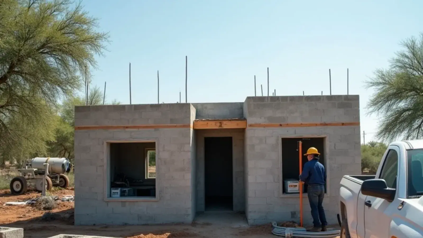 Concrete block home under construction in Starr County with wall sleeves set for future mini-split lines