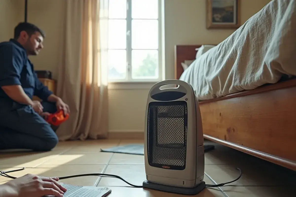 Space heater placed on a tile floor with safe clearance from furniture and curtains during a power-limited freeze