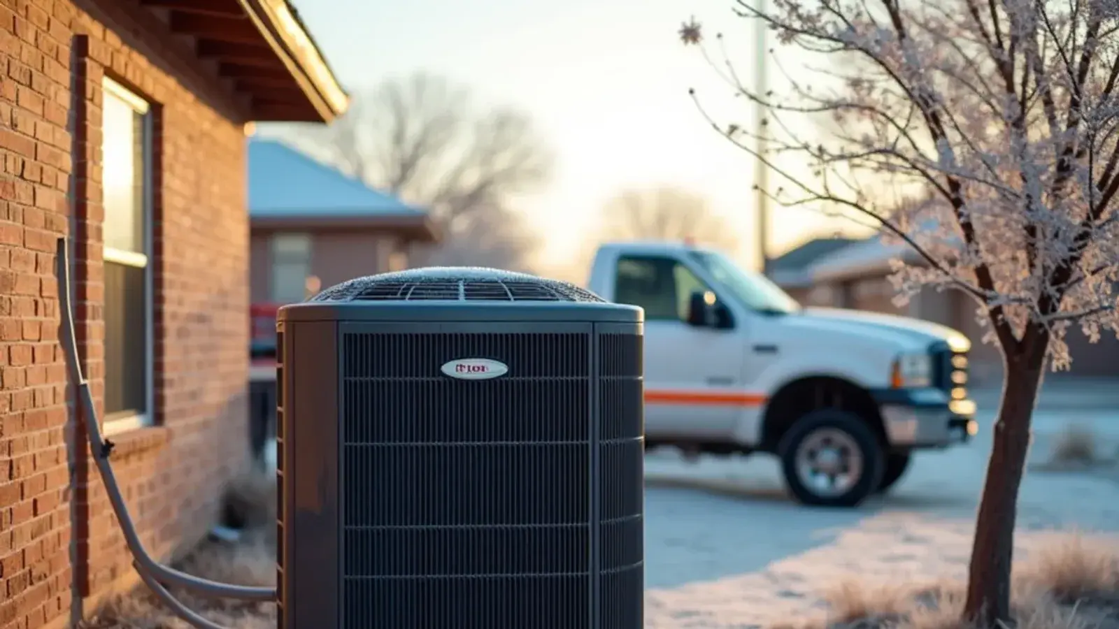 Heat pump outdoor unit coated in frost beside a Rio Grande Valley home during a winter freeze