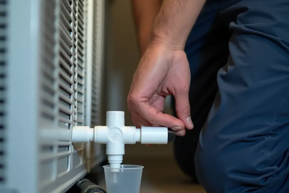 Hand removing the cap from a PVC cleanout tee on an AC condensate drain line next to the air handler