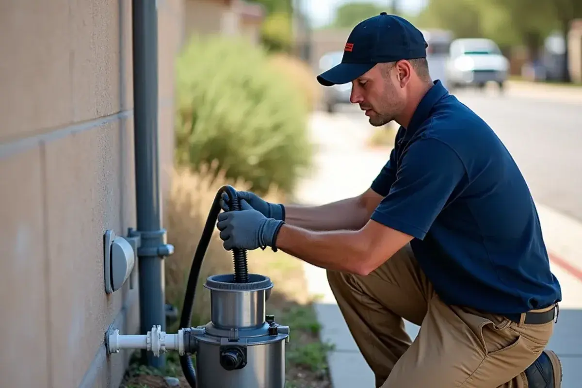 Technician using a wet-dry vacuum on the outdoor end of a clogged AC condensate line