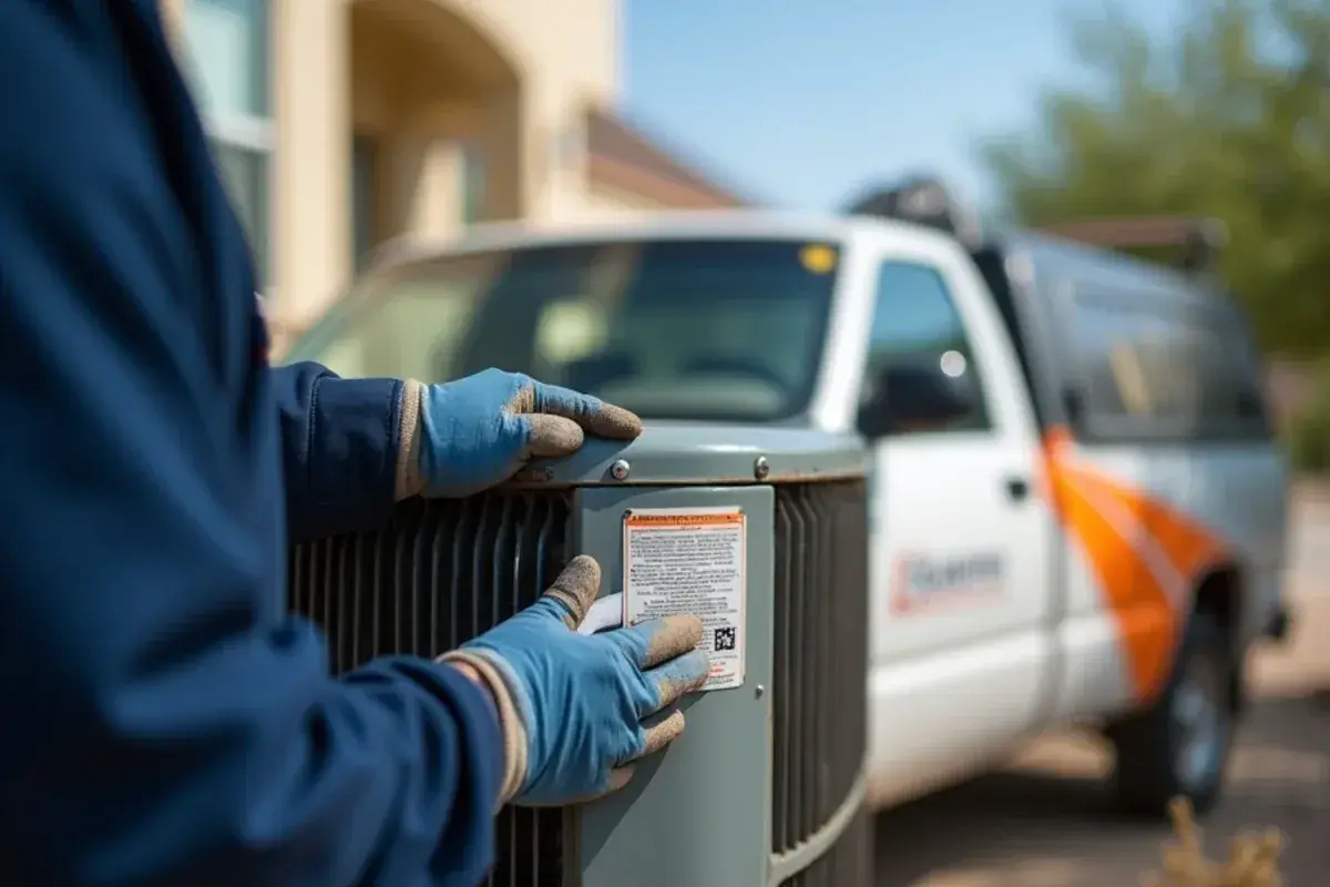 Technician checking the refrigerant type on an older AC unit's rating plate during a repair-or-replace evaluation