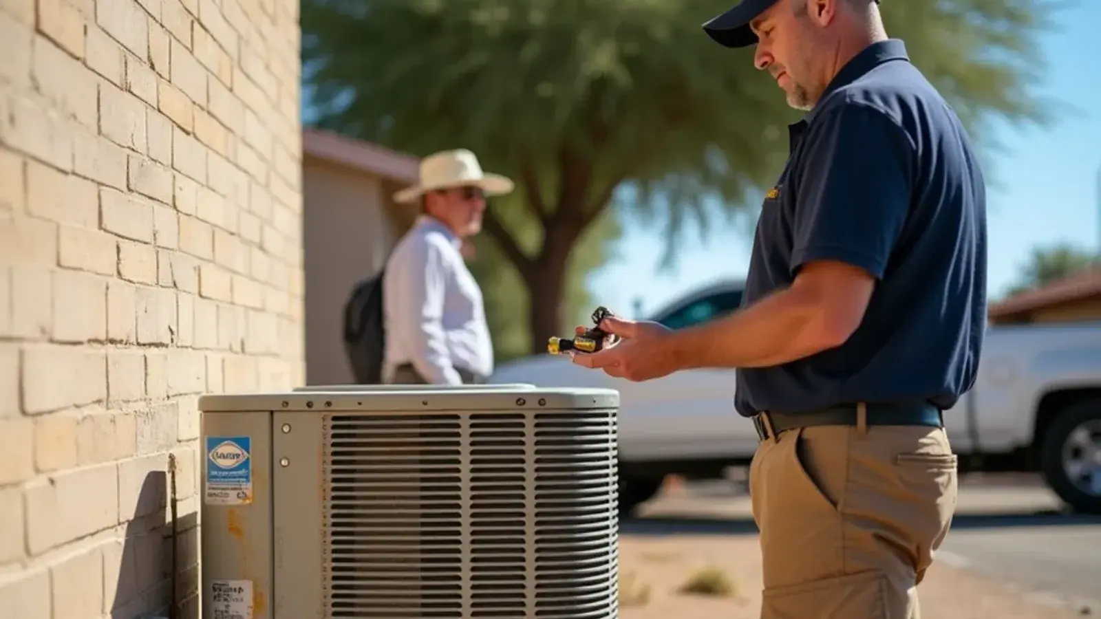 Technician explaining a failed AC part to a homeowner beside an aging condenser in Rio Grande City