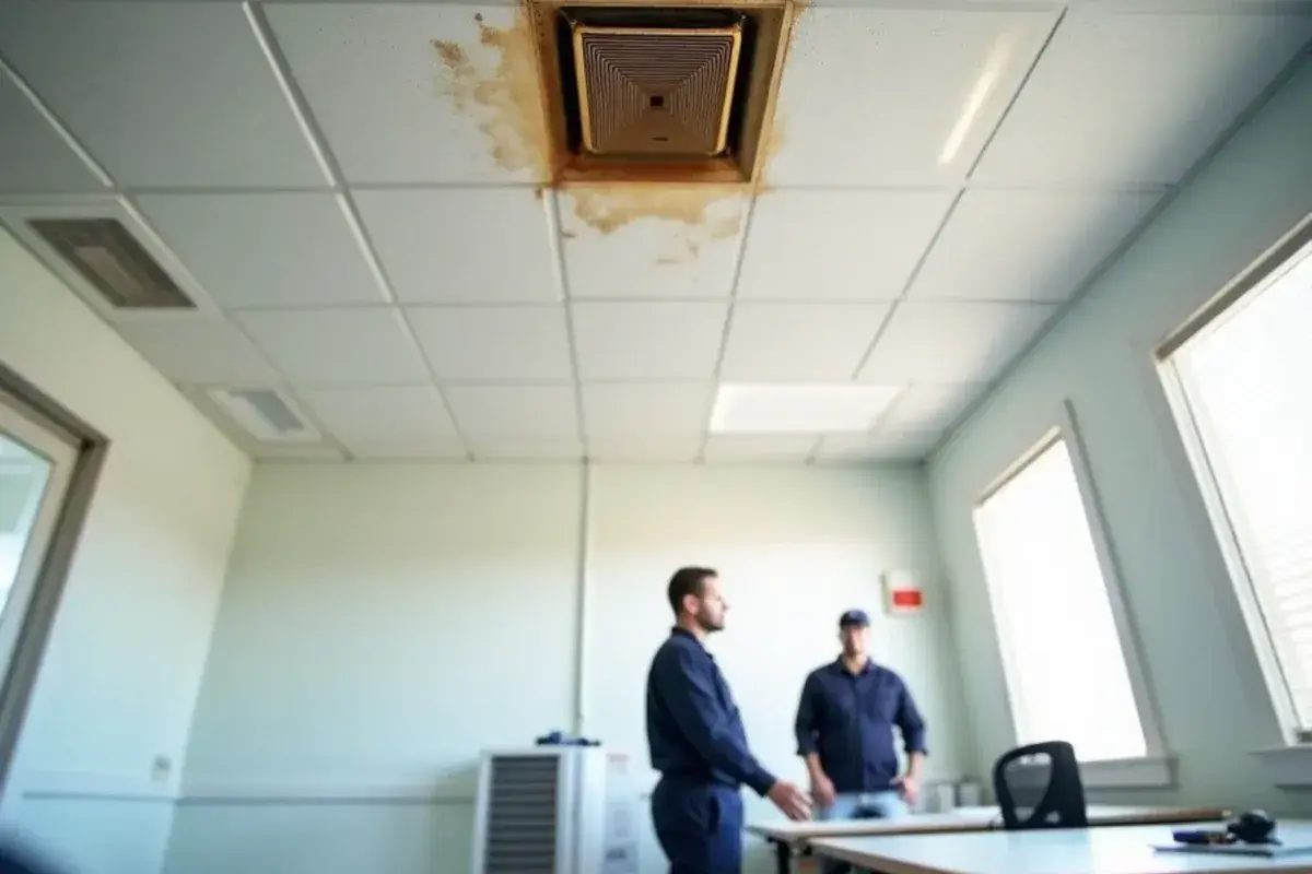 Water-stained ceiling tile below a rooftop unit curb in a small commercial office