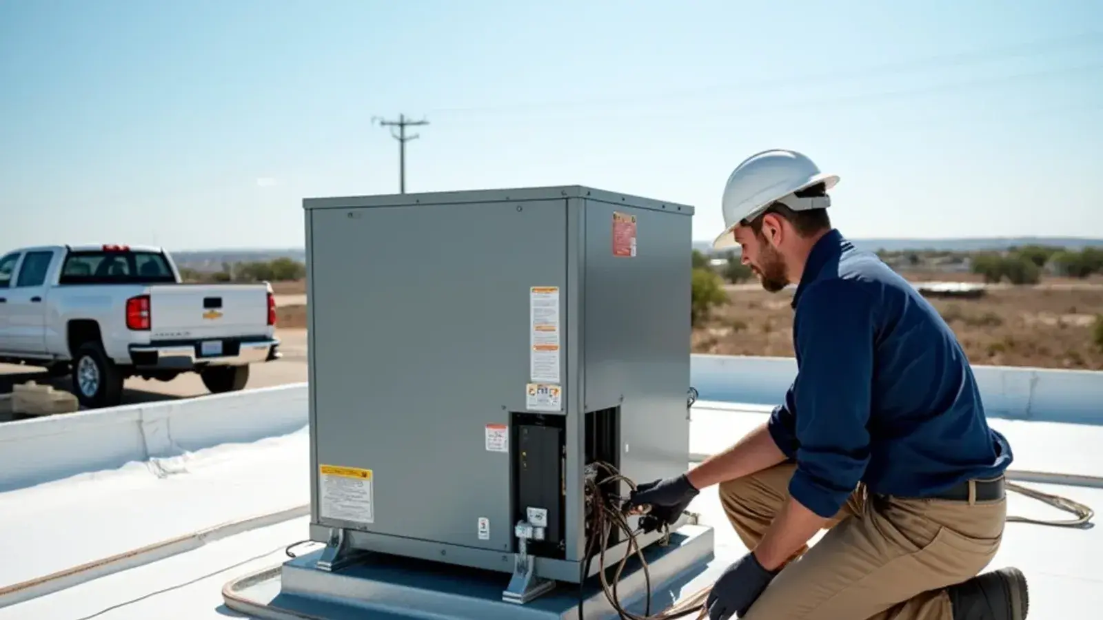Commercial rooftop package unit with its access panel open on a flat roof in the Rio Grande Valley