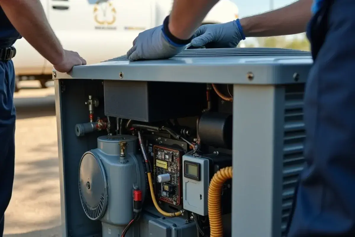 Open high-efficiency AC condenser showing a variable-speed compressor and large coil surface