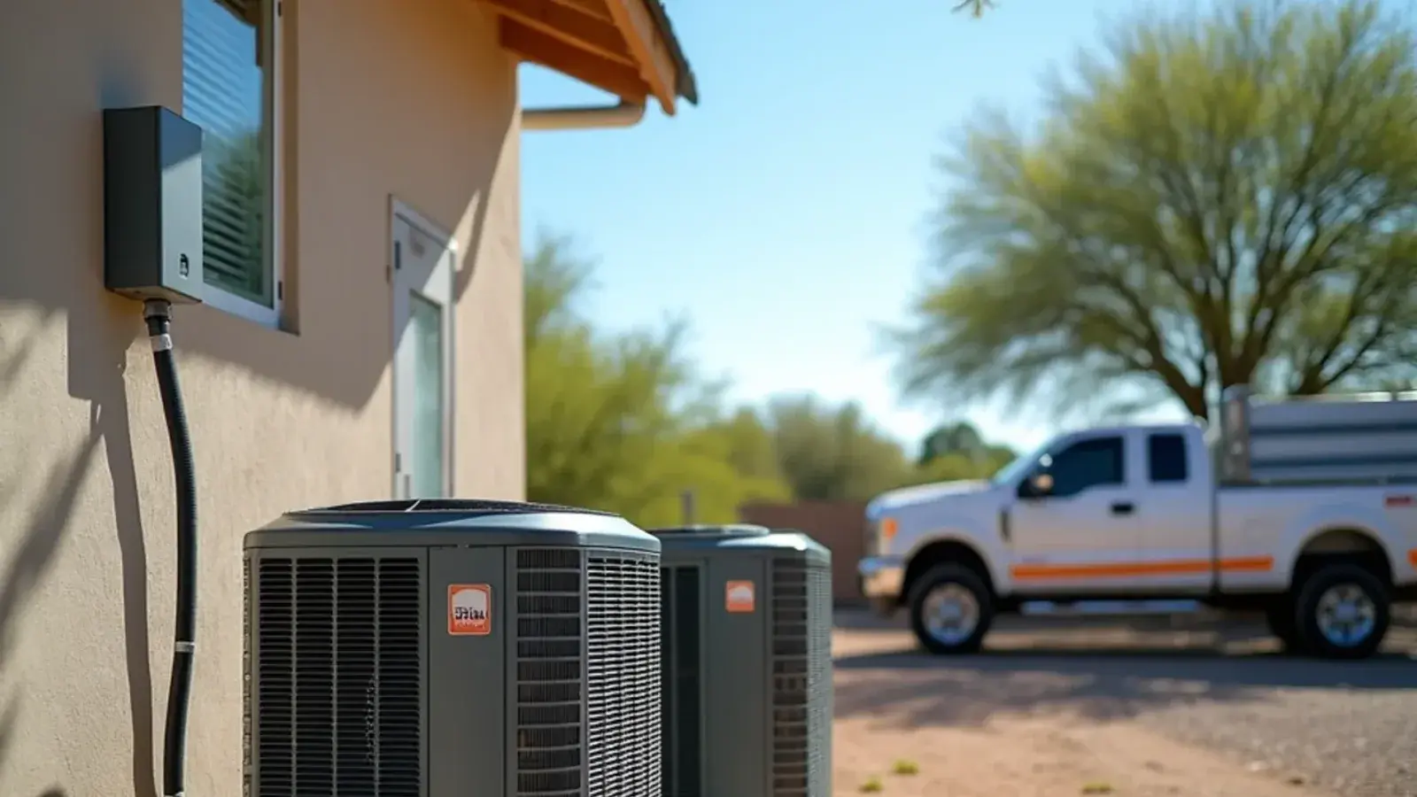 Two new outdoor AC condensers of different efficiency levels side by side outside a South Texas home