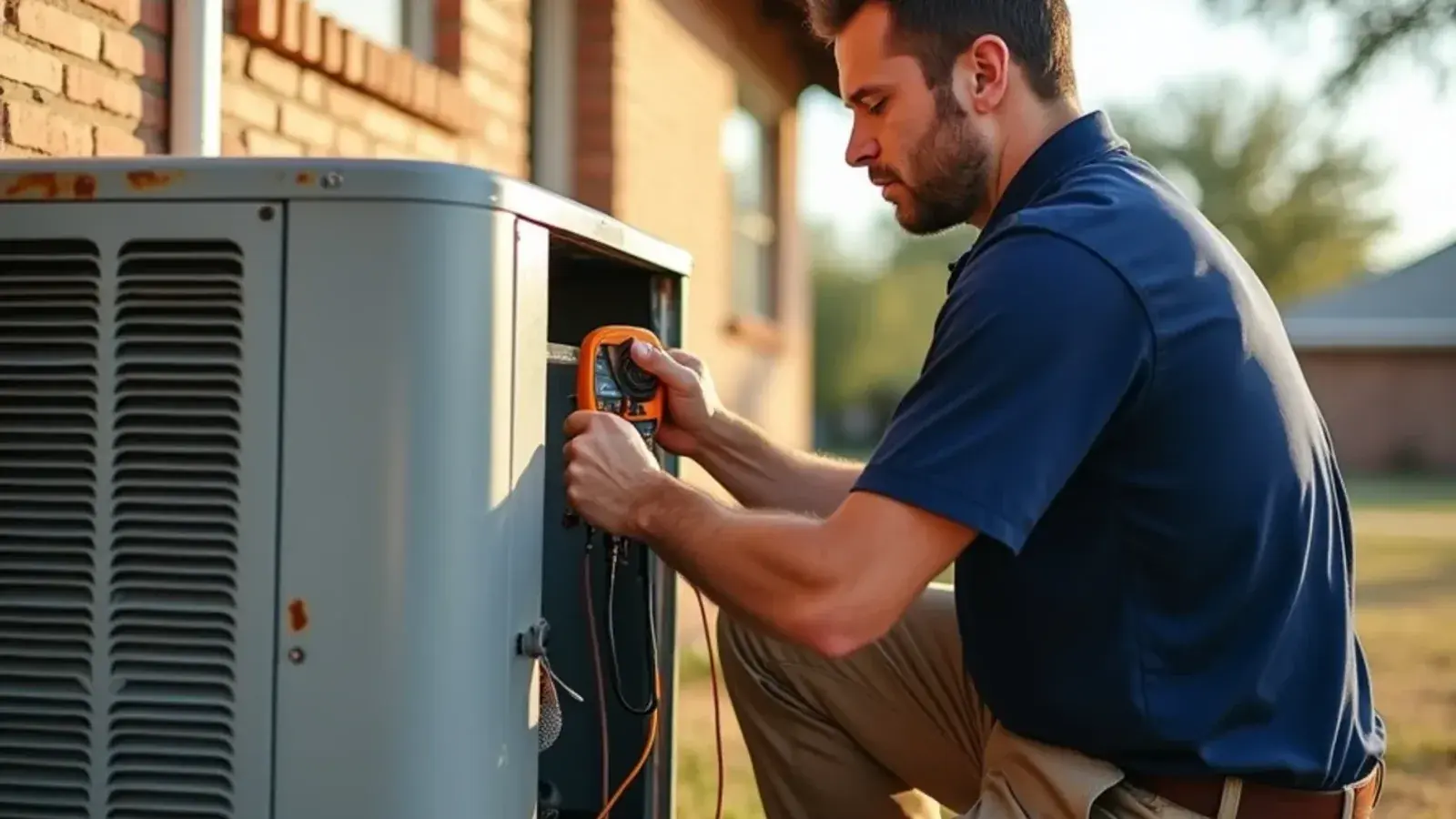 Technician measuring compressor amp draw with a clamp meter on an aging AC condenser in Starr County