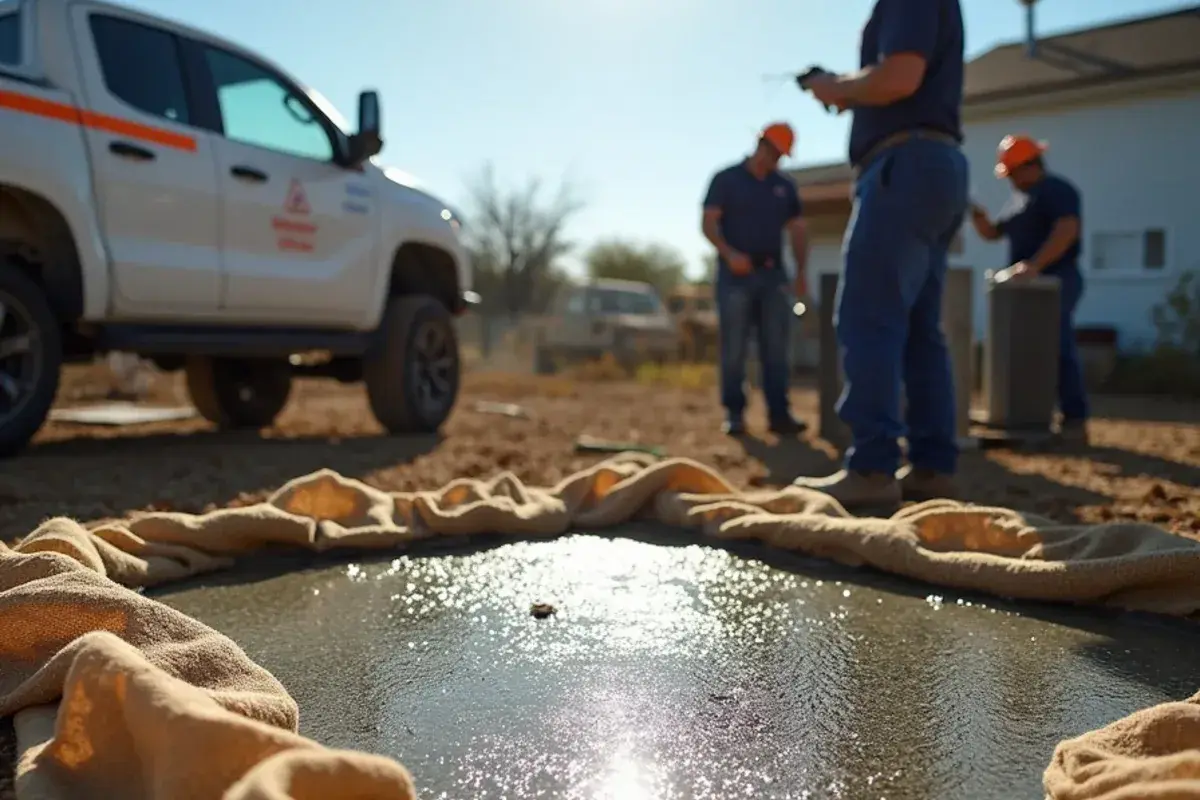 Wet burlap curing cover laid over a new concrete slab on a hot South Texas day