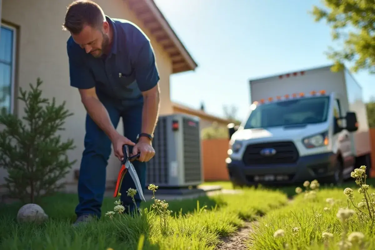 Homeowner trimming tall grass and brush back from an outdoor AC unit in early spring