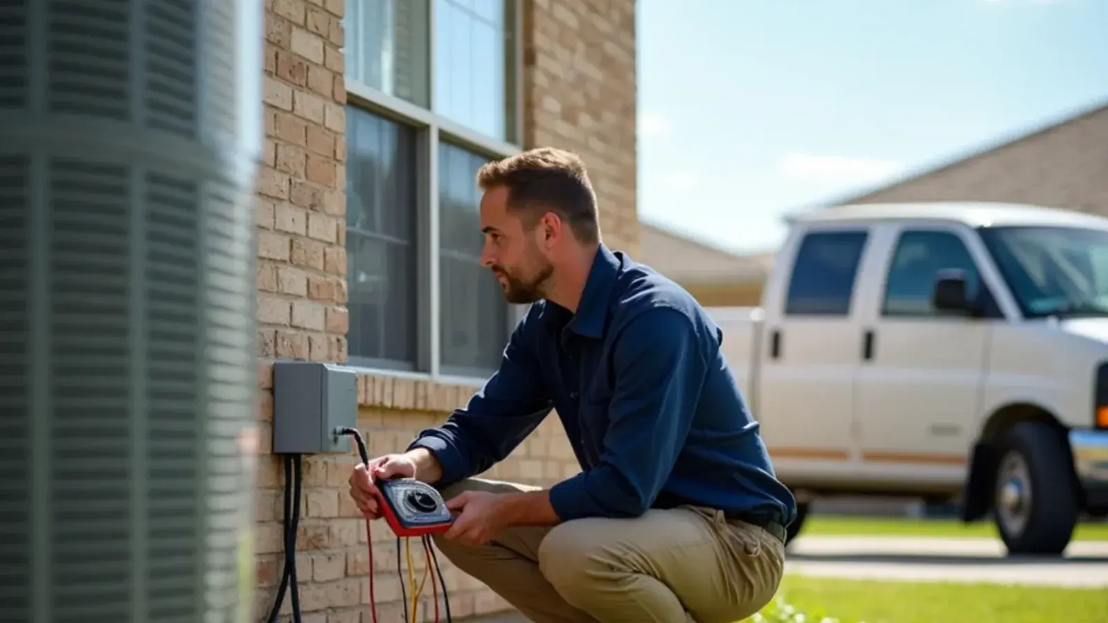 Technician testing an outdoor AC unit's run capacitor during a spring tune-up at a Rio Grande Valley home