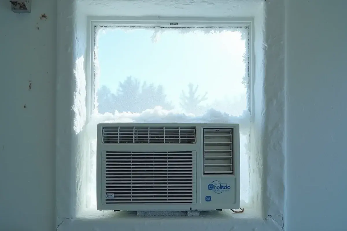 Window air conditioner coil covered in ice inside a CoolBot cold room that has stopped cooling