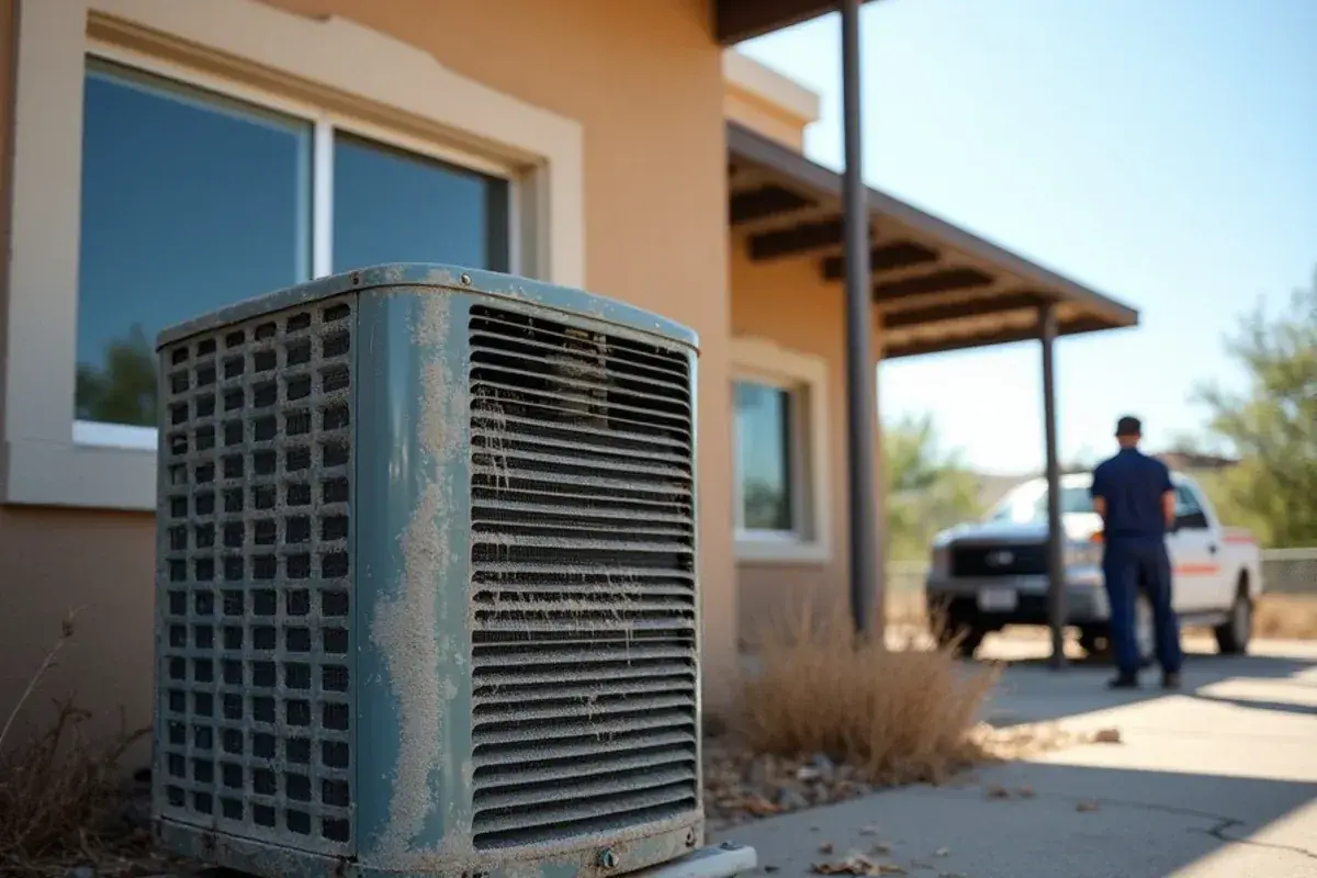 Dust-clogged condensing unit coil behind a small business walk-in cooler in the Rio Grande Valley