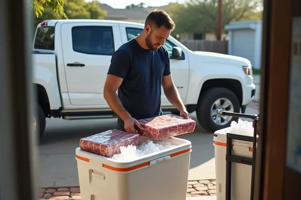 Worker moving packaged product into ice chests while a walk-in cooler is down for emergency repair