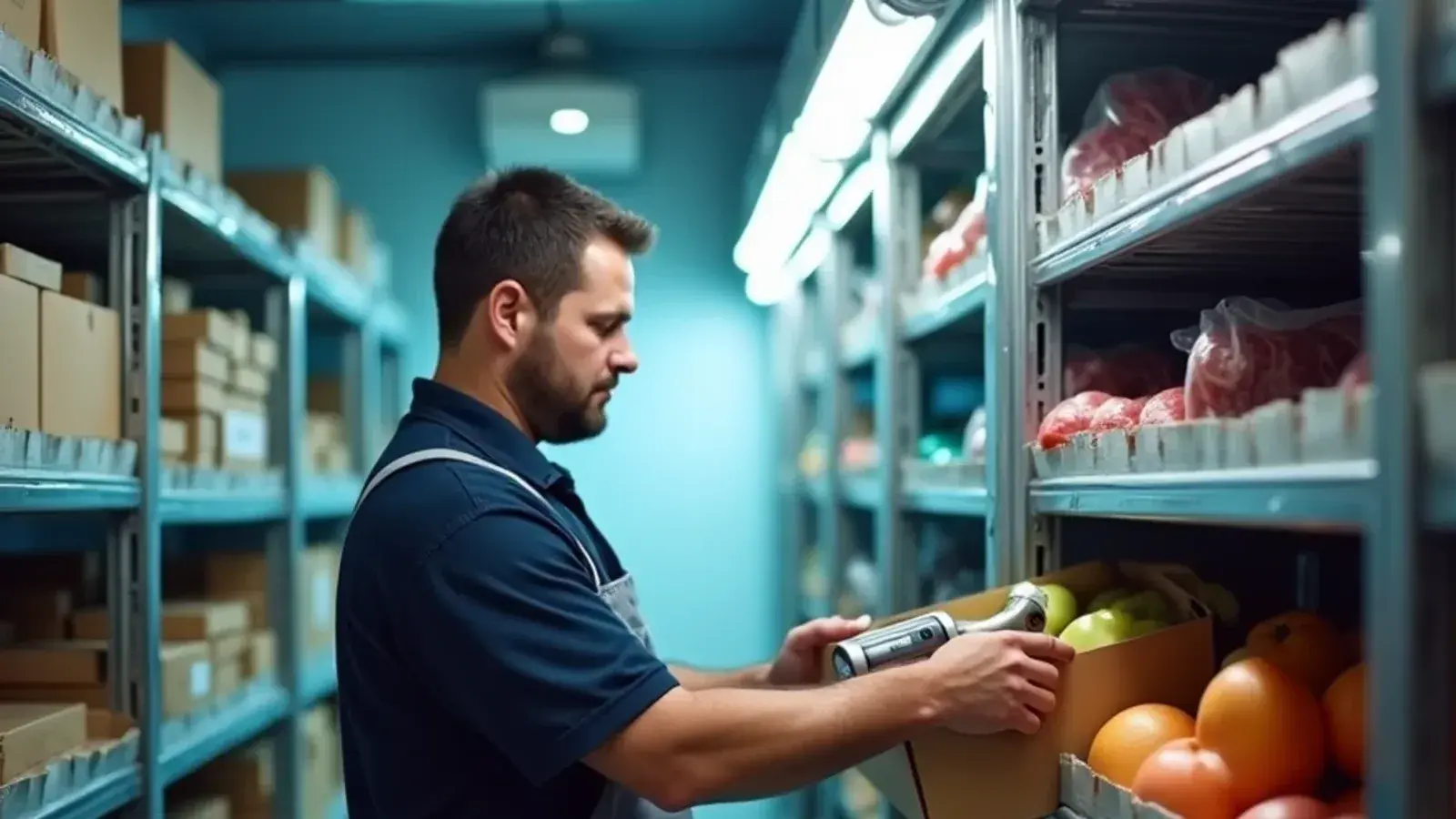 Business owner reading a probe thermometer inside a walk-in cooler that is not cooling properly