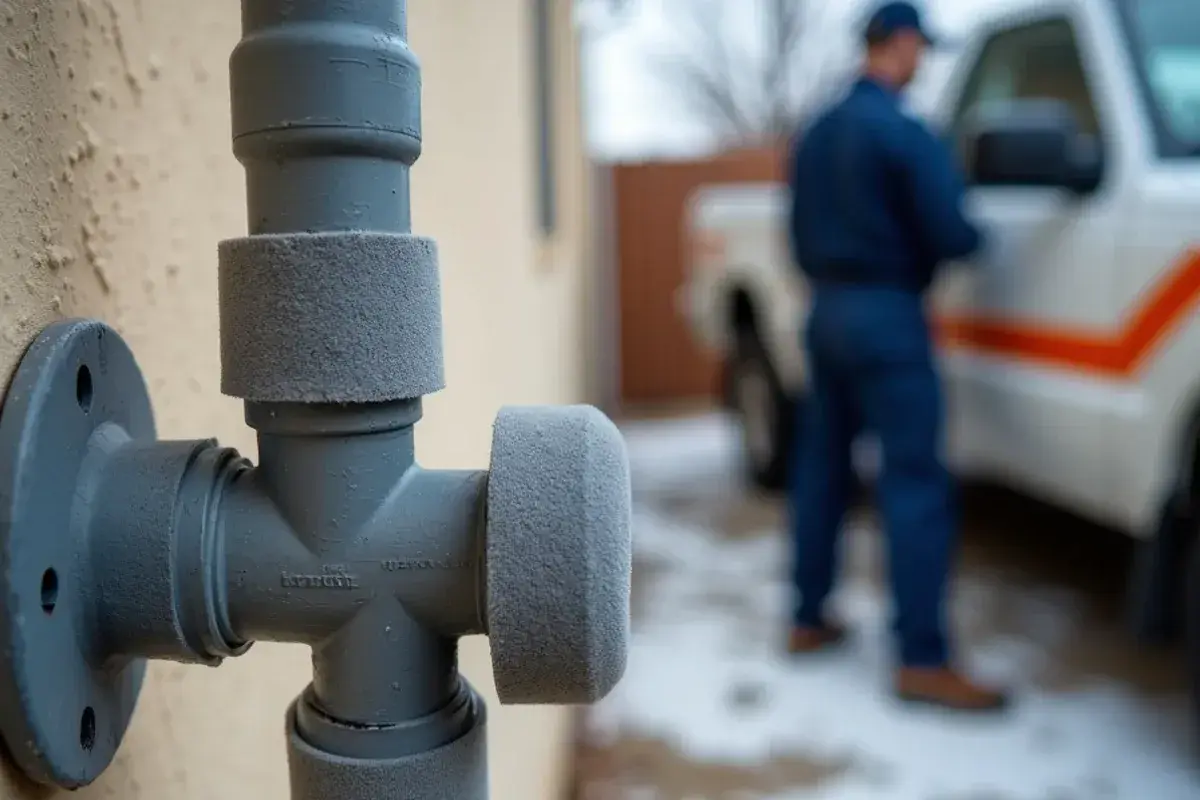 Foam insulation wrapped around exposed water pipes and an outdoor faucet before a freeze