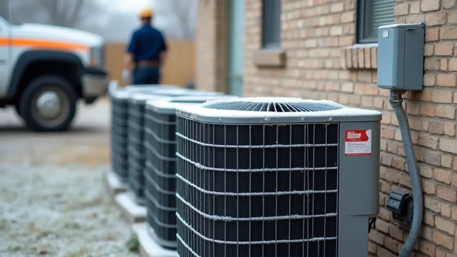 Frost-covered outdoor heat pump beside a block home in the Rio Grande Valley on a bright winter morning