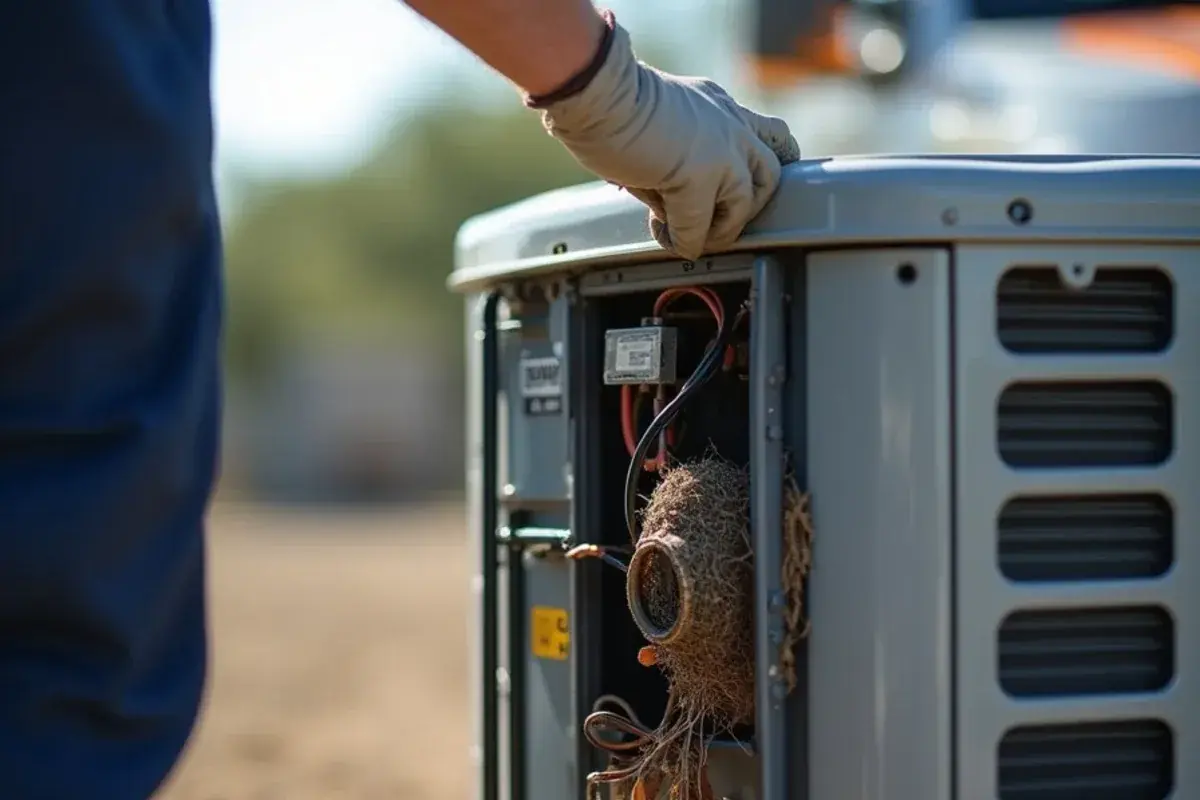 Mud dauber nest and dry leaves inside the electrical panel of an idle park model condenser