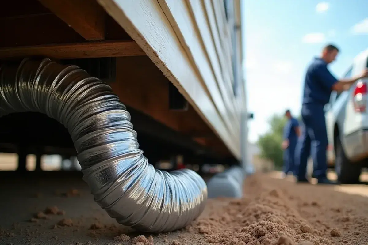 Insulated crossover duct under a double-wide mobile home connecting the two halves
