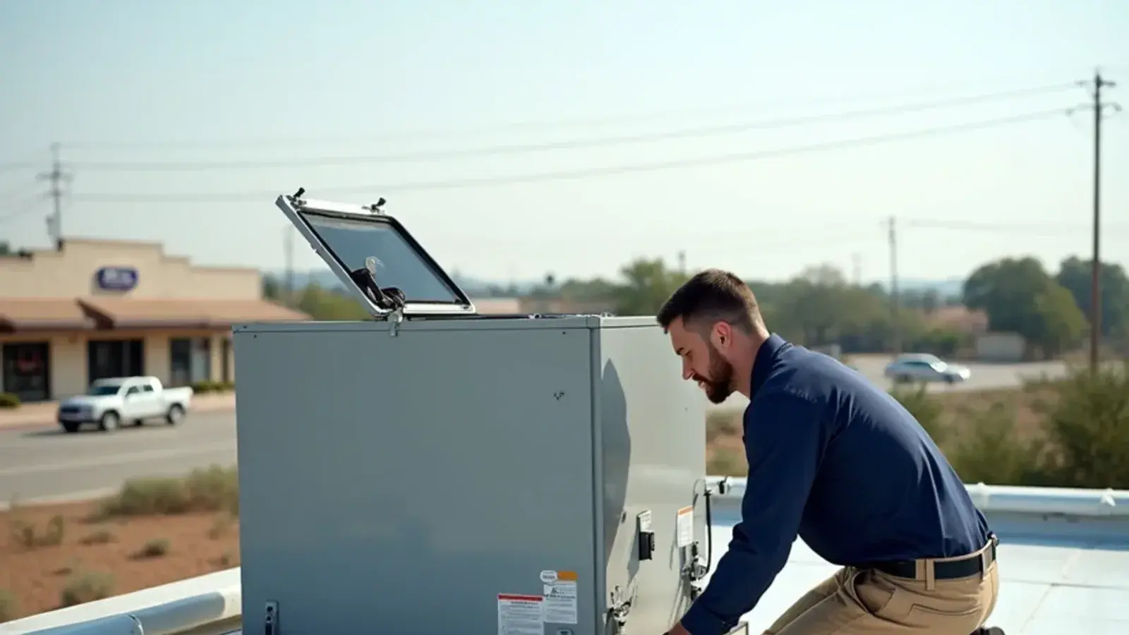 Technician checking a package unit on a flat commercial roof in Rio Grande City, TX