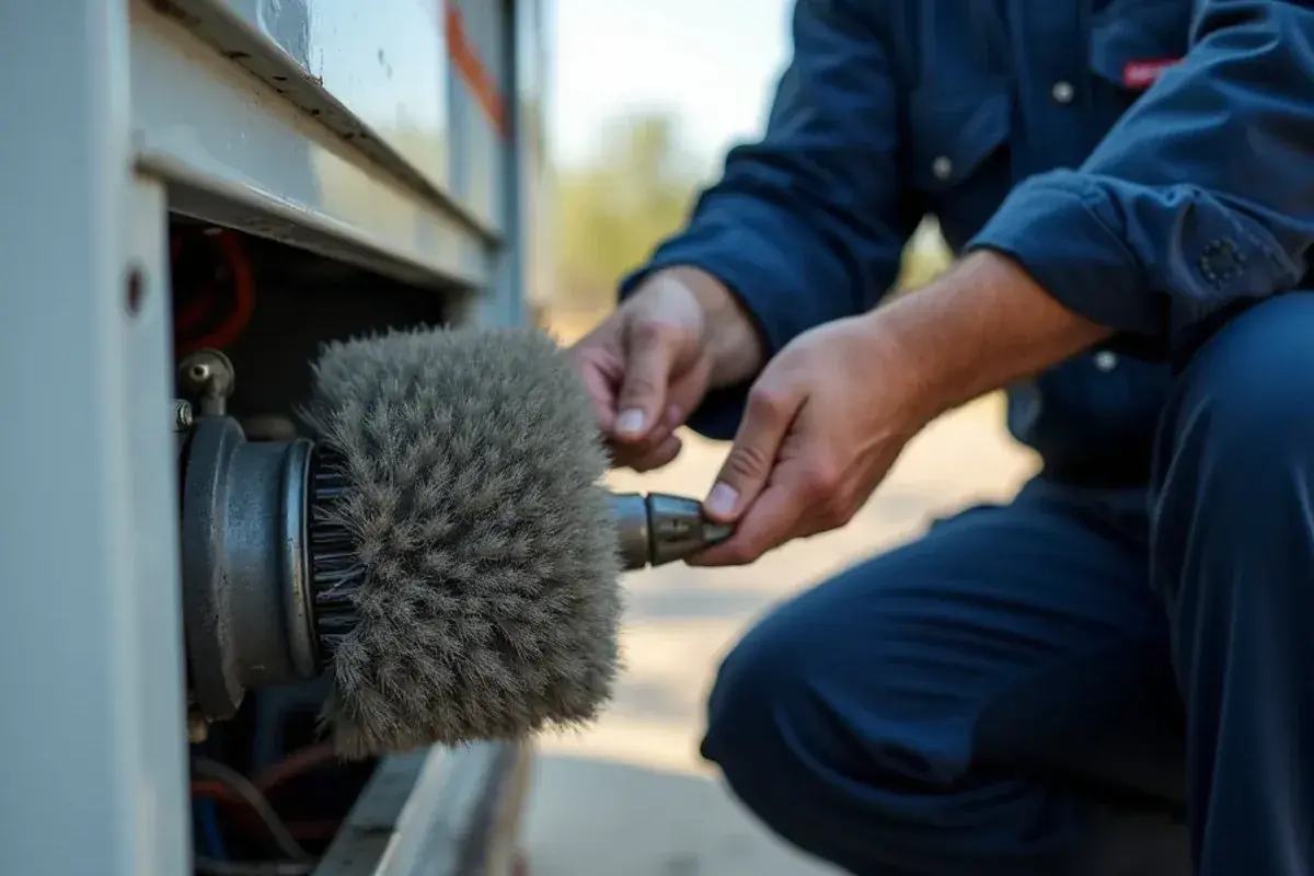 Brushing a grease-matted condenser coil on a commercial refrigerator in Rio Grande City