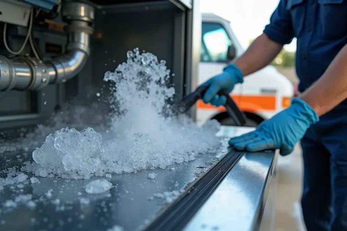 Mineral scale on the water distribution tube of a commercial ice machine near Rio Grande City