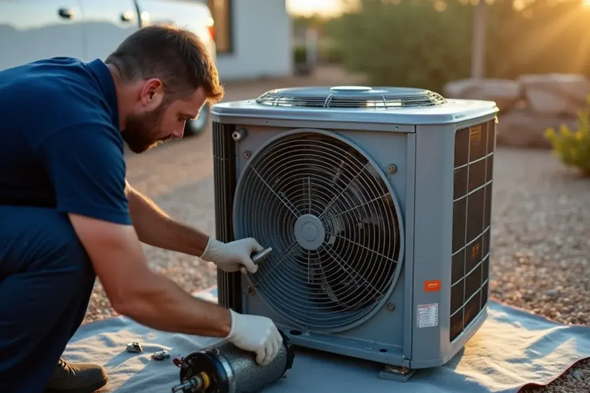 Technician replacing a condenser fan motor on the top panel of an outdoor AC unit in Starr County