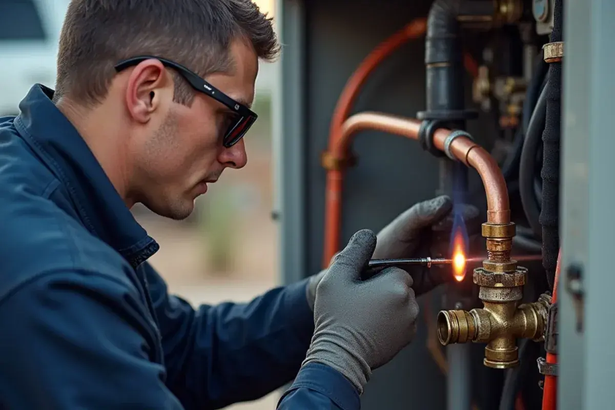Brazing torch joining copper lines to a replacement AC compressor inside a condenser