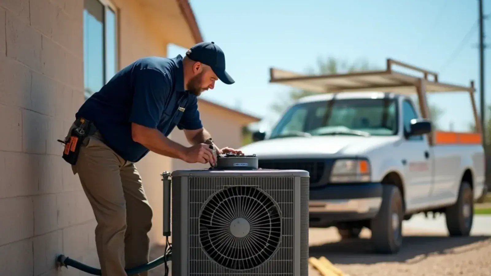 Technician inspecting the compressor inside an opened outdoor AC condenser in Rio Grande City, TX