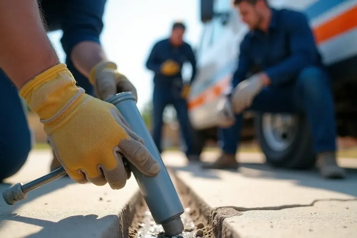 Flexible sealant being applied into a routed driveway crack to keep water out of the base