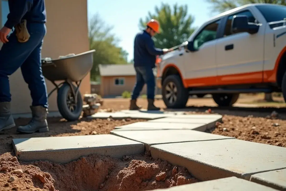 Sunken section of a concrete walkway saw-cut and removed for replacement beside a home