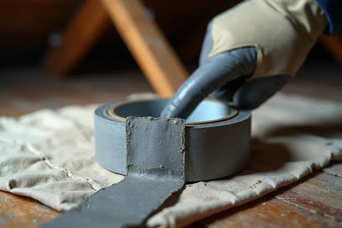 Old cloth duct tape peeling off a round duct joint with a visible air gap underneath