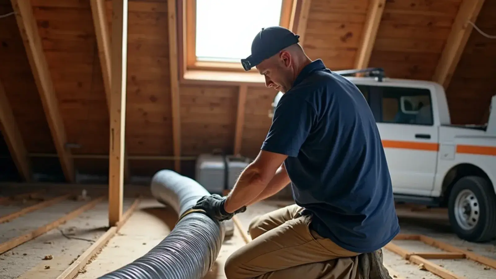 Technician re-hanging a sagging flex duct with a support strap in a hot Rio Grande City attic