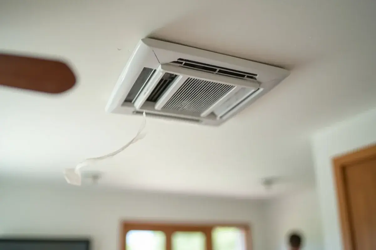 Ribbon on a ceiling vent blowing as cold air returns after an emergency AC repair