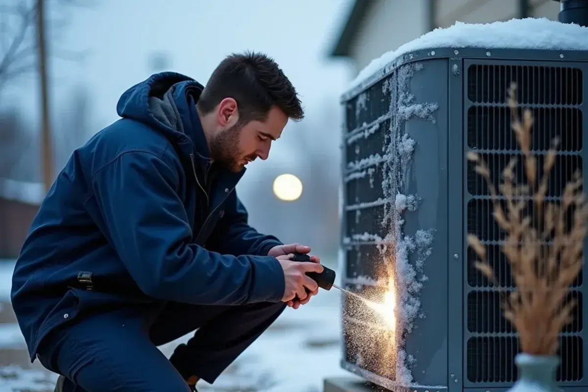 Technician inspecting an iced heat pump coil during emergency heater repair in Rio Grande City