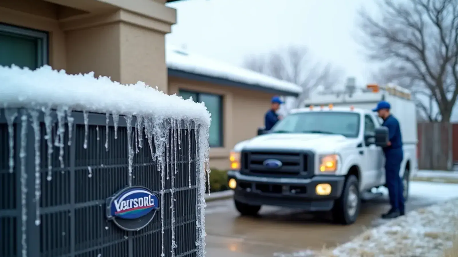 Heat pump outdoor unit coated in ice on a freezing morning in Rio Grande City, TX