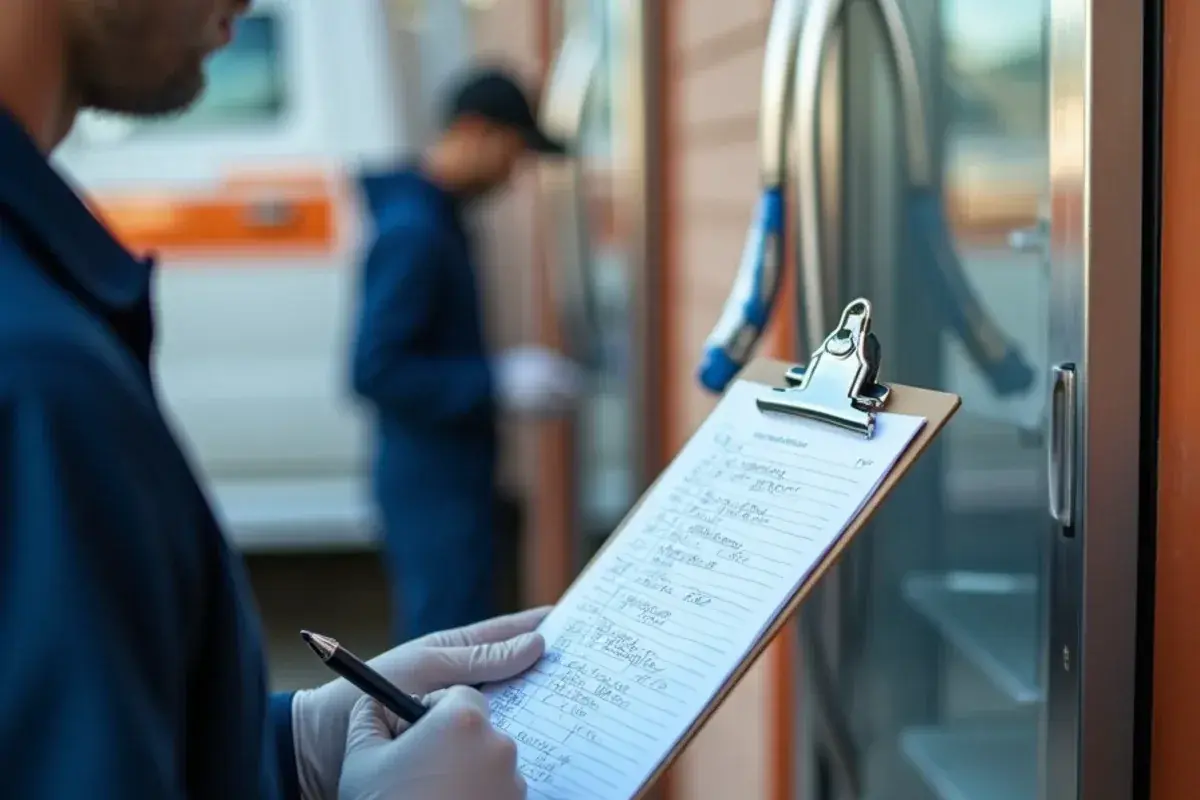 Temperature log on a clipboard beside a walk-in cooler door during a refrigeration outage
